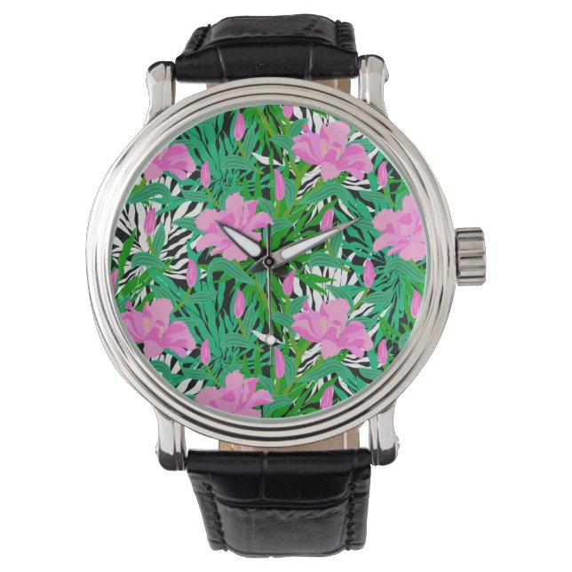 Reloj De Pulsera Patrón tropical con flores de jungla (Anverso)