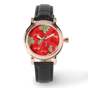 Reloj De Pulsera Patrón tropical rojo de flores hibicus