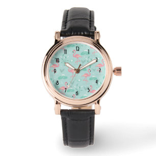 Reloj De Pulsera Patrón verde Pastel Rosa Flamingos