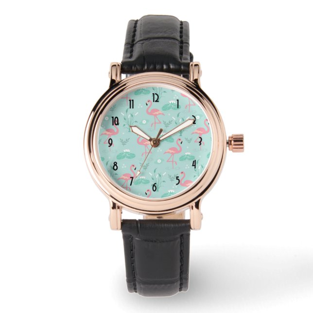 Reloj De Pulsera Patrón verde Pastel Rosa Flamingos (Anverso)