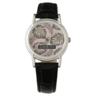 Reloj De Pulsera Patrón y nombre de hojas de palma rosadas y dorada