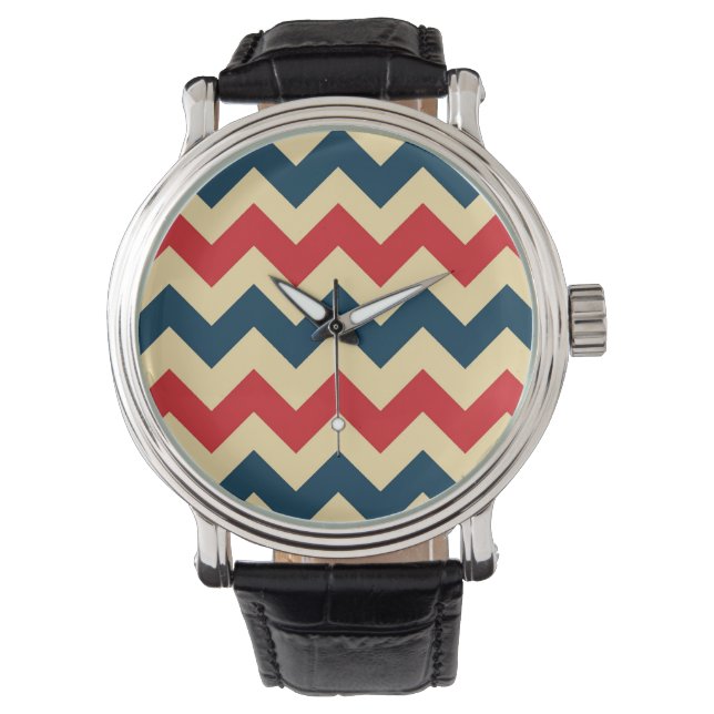 Reloj De Pulsera Patrón Zigzap de Chevron Rojo Azul (Anverso)