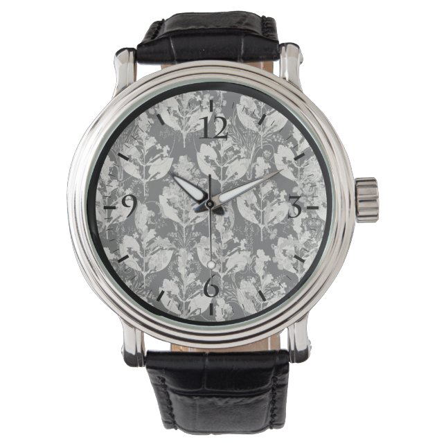 Reloj De Pulsera Patrones de hojas abstractas blancas y negras (Anverso)