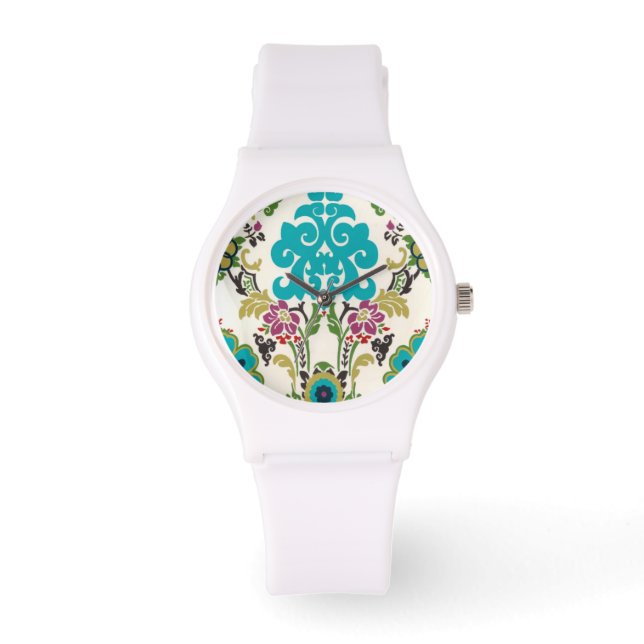 Reloj De Pulsera Patrones florales Damask Plum Turquoise (Anverso)