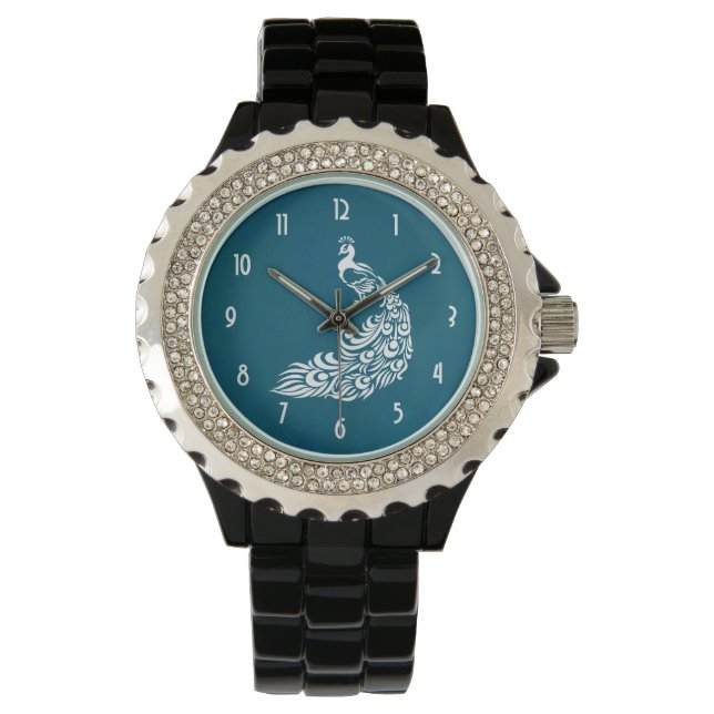 Reloj De Pulsera Pavo Real Blanco sobre Moda Verde azulada Diseño A (Anverso)