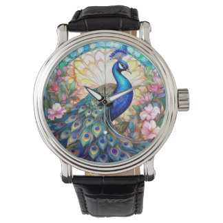 Reloj De Pulsera Pavo real en vidrio teñido y acuarela