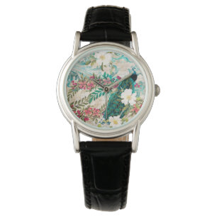Reloj De Pulsera Pavo Real Ilustrado Antiguo y Flores