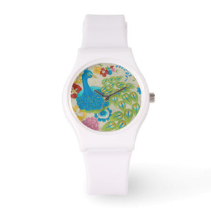 Reloj De Pulsera Pavo Real y Flores Coloridas