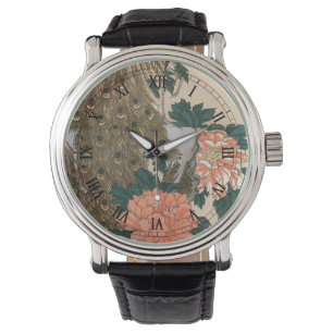 Reloj De Pulsera Pavo real y peonías de Hiroshige, Arte japonés
