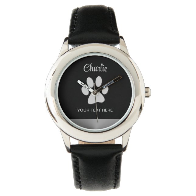 Reloj De Pulsera Paw de perro plateado sobre fondo negro (Anverso)