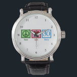 Reloj De Pulsera Paz Amor 30.º Fiesta de cumpleaños<br><div class="desc">Un lindo reloj de cumpleaños treinta. Paz Treinta con el número 30 en azul bonito.</div>