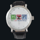 Reloj De Pulsera Paz Amor PT Terapia Física Cuidadosa<br><div class="desc">Personalizado Paz Amor Terapia Física reloj para tu terapeuta rehabilitador favorito. Un signo de paz,  corazón,  y las letras PT hacen un gran regalo para un fisioterapeuta en su práctica u oficina.</div>