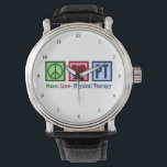 Reloj De Pulsera Paz Amor PT Terapia Física Cuidadosa<br><div class="desc">Personalizado Paz Amor Terapia Física reloj para tu terapeuta rehabilitador favorito. Un signo de paz,  corazón,  y las letras PT hacen un gran regalo para un fisioterapeuta en su práctica u oficina.</div>