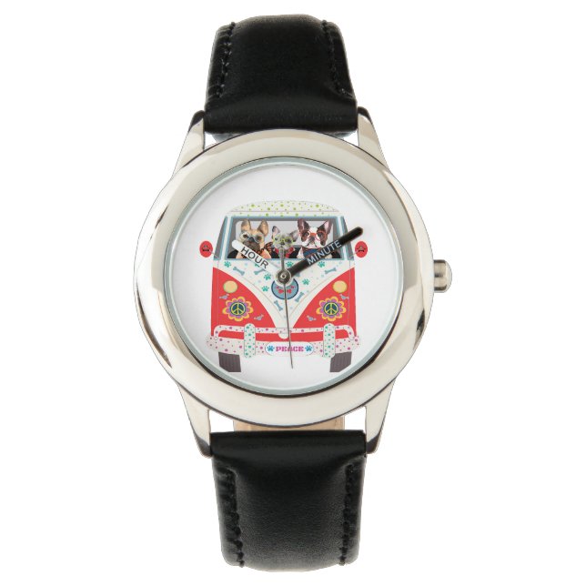 Reloj De Pulsera Peace Love Dogs Hippie Van Bulldog francés (Anverso)
