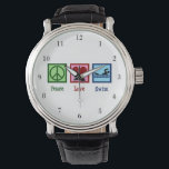 Reloj De Pulsera Peace Love Swimming Cute Swite Team<br><div class="desc">Relájate,  disfruta nadando. Este lindo regalo de natación para Navidades cuenta con un signo de paz,  corazón y un nadador en una reunión de natación. Regalo de reloj de pulsera del entrenador del equipo de natación de Guay.</div>