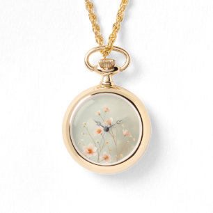 Reloj De Pulsera Peach & Green Bokeh Little Flowe Necklace Watch