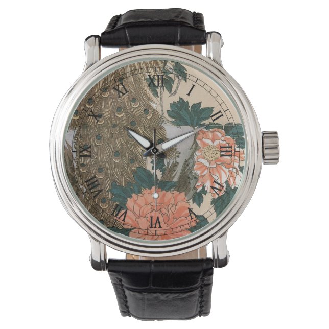Reloj De Pulsera Peacock y peonías de Hiroshige, arte japonés (Anverso)