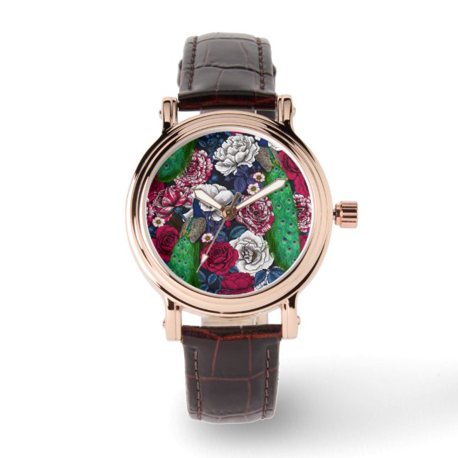 Reloj De Pulsera Peacocks en el jardín rosa (Anverso)