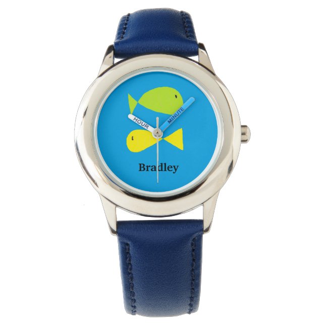 Reloj De Pulsera Peces verdes y amarillos lisos en azul (Anverso)