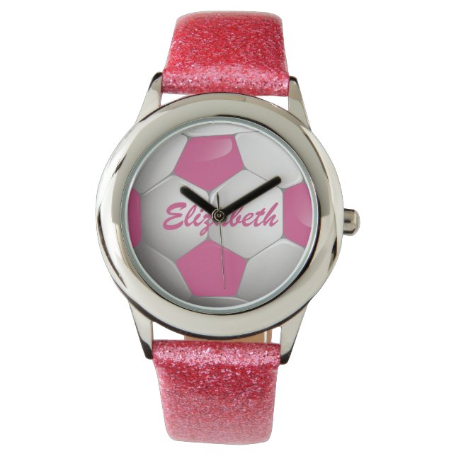 Reloj De Pulsera Pelota de fútbol de personalizable rosa y blanca (Anverso)