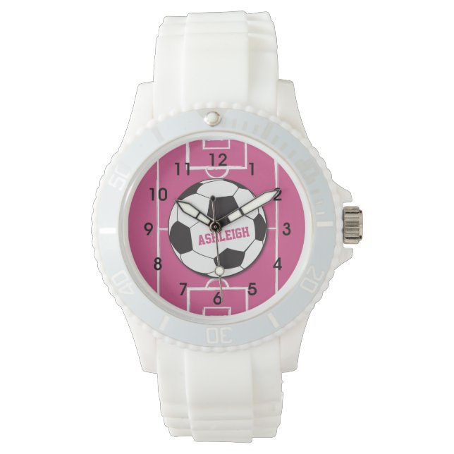 Reloj De Pulsera Pelota de fútbol personalizada y rosa de campo (Anverso)