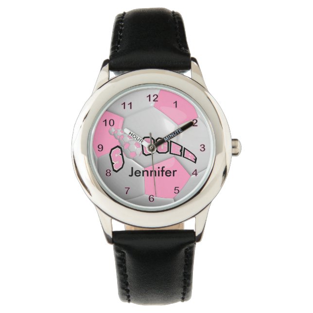 Reloj De Pulsera Pelota de fútbol rosa personalizada (Anverso)