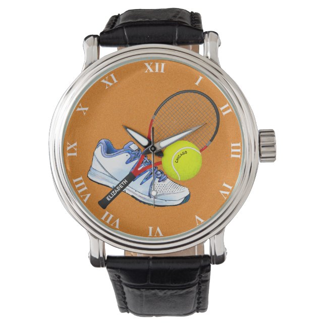 Reloj De Pulsera Pelota De Zapatos De Tenis Y Raqueta Con Su Texto  (Anverso)