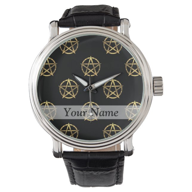 Reloj De Pulsera Pentagrama negro y dorado (Anverso)