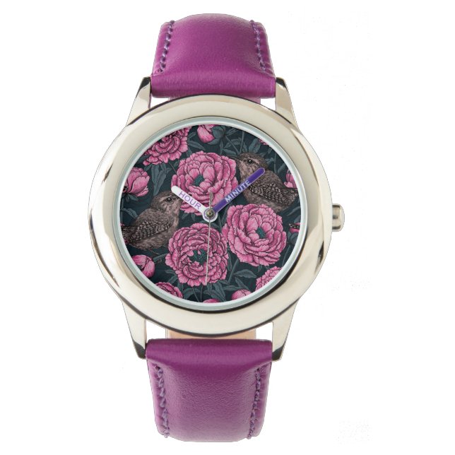 Reloj De Pulsera Peonies y wrenes en gris oscuro (Anverso)