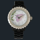 Reloj De Pulsera *~* Peony Floral Watercolor Lavanda rosa popular<br><div class="desc">* Una lavanda encantadora y rosa sobre un fondo blanco resplandeciente. Este diseño es una impresionante flor de color agua muy bonito adornando la cara de este reloj de mujeres. * La correa es negra y está hecha de esmalte fuerte y robusto. Hay diamantes de imitación brillantes alrededor de la...</div>
