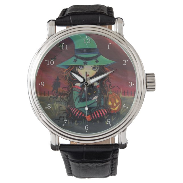 Reloj De Pulsera Pequeña Bruja de Halloween Arte Fantástico (Anverso)