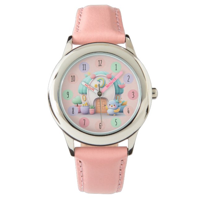 Reloj De Pulsera Pequeña y pequeña casa con chica rosa de dragón (Anverso)