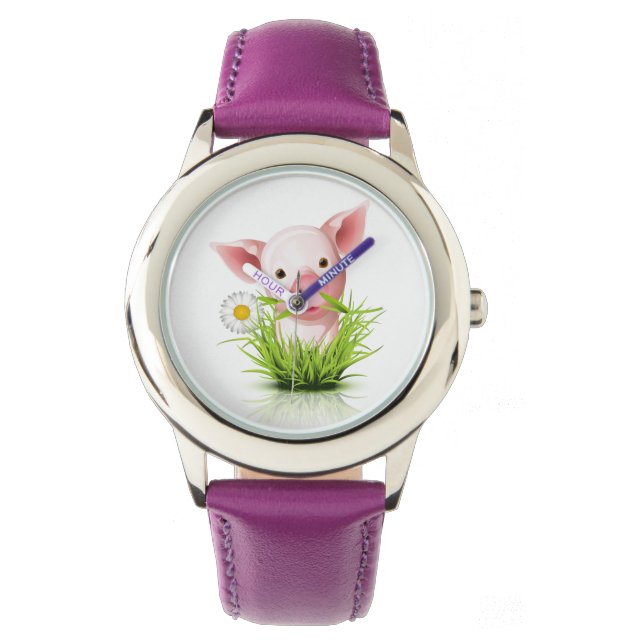 Reloj De Pulsera Pequeño cerdo rosado con hierba verde (Anverso)