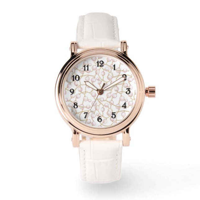 Reloj De Pulsera Perlas Glam Rosa Dorado  (Anverso)