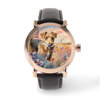 Reloj De Pulsera Perro Airedale Terrier en una pradera de flores si