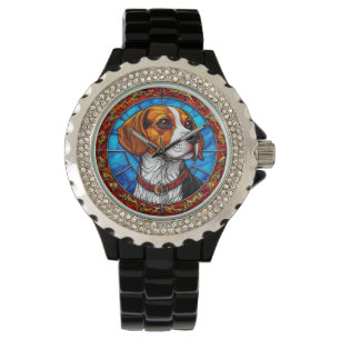 Reloj De Pulsera Perro Beagle en Arte de Vidrio Teñido Vibrante