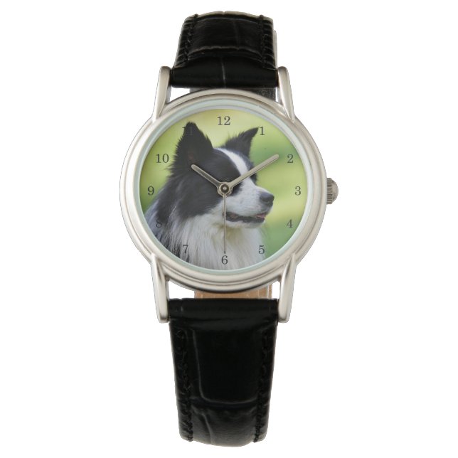 Reloj De Pulsera Perro Border Collie negro y blanco (Anverso)