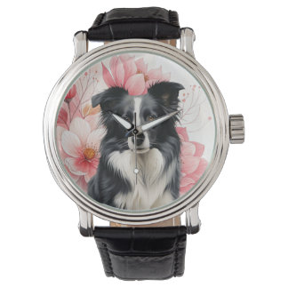Reloj De Pulsera Perro Border Collie y Lirios Rosas Intenso