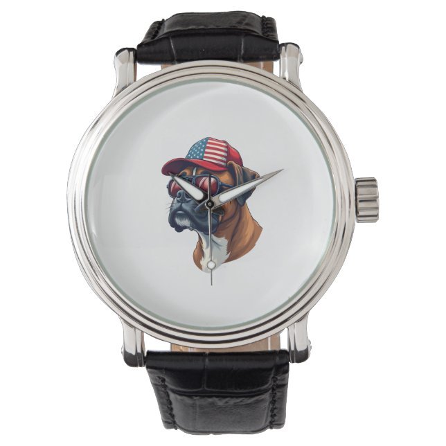 Reloj De Pulsera Perro Boxer Con Azul Rojo Blanco (Anverso)