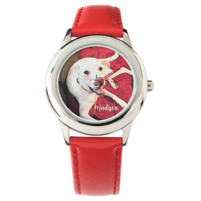 Reloj De Pulsera Perro Cachorro Cachorro Sonriente Foto Nombre Rojo (Anverso)