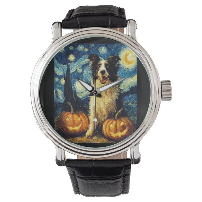 Reloj De Pulsera Perro Cute Border Collie Halloween Jack O Lantern  (Anverso)