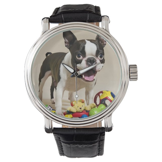 Reloj De Pulsera Perro de Boston Terrier jugando con juguetes (Anverso)