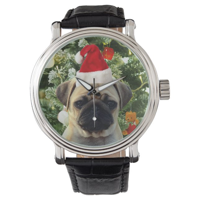 Reloj De Pulsera Perro de pug cachorro árbol de Navidad Ornamentos  (Anverso)
