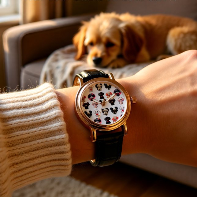 Reloj De Pulsera Perro de San Valentín | amantes del perro | (Valentine Poodle Love Soft Pink, Black & Cream Watch)