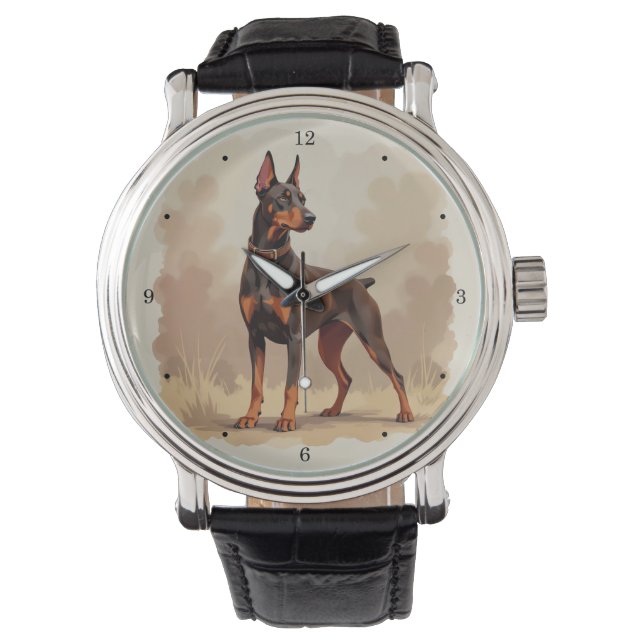 Reloj De Pulsera Perro Doberman Pinscher Marrón Óxido Rojo (Anverso)