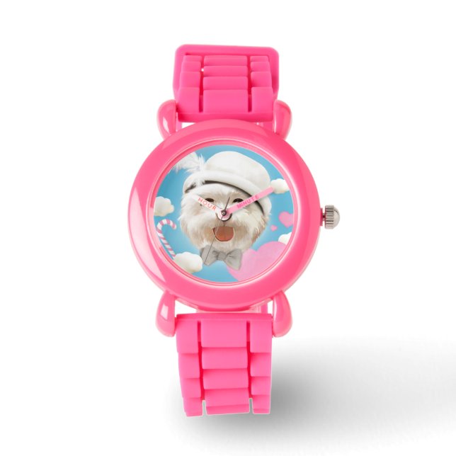 Reloj De Pulsera Perro esponjoso con Gorra blanco (Anverso)