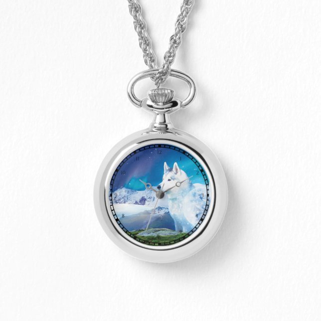 Reloj De Pulsera Perro Husky personalizado con montañas (Anverso)