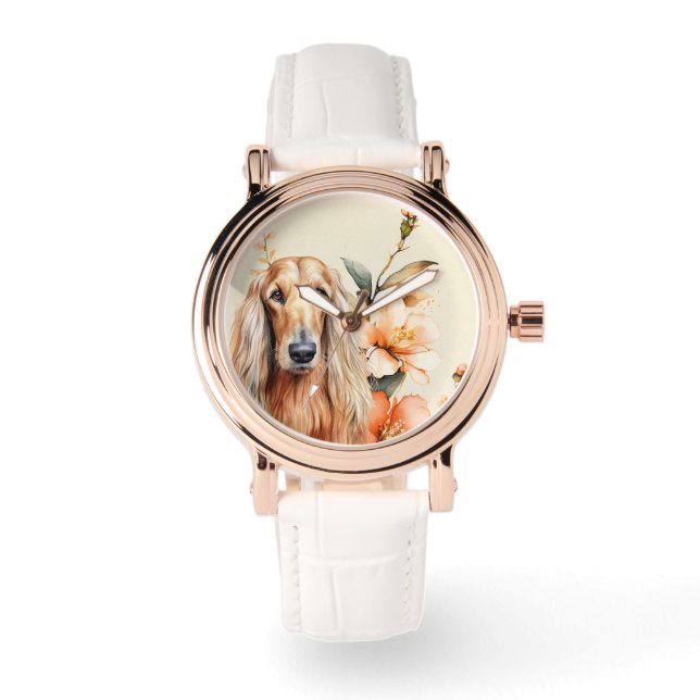 Reloj De Pulsera Perro Lebrel Afgano y Lirios de Melocotón (Anverso)