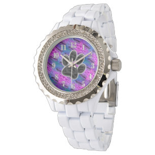 Reloj De Pulsera Perro Lover Rayas Diagonales Azul Pata Púrpura Imp