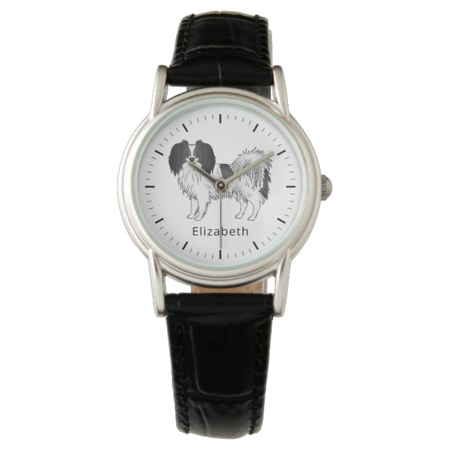 Reloj De Pulsera Perro Phalène Blanco Y Negro Con Cualquier Nombre  (Anverso)
